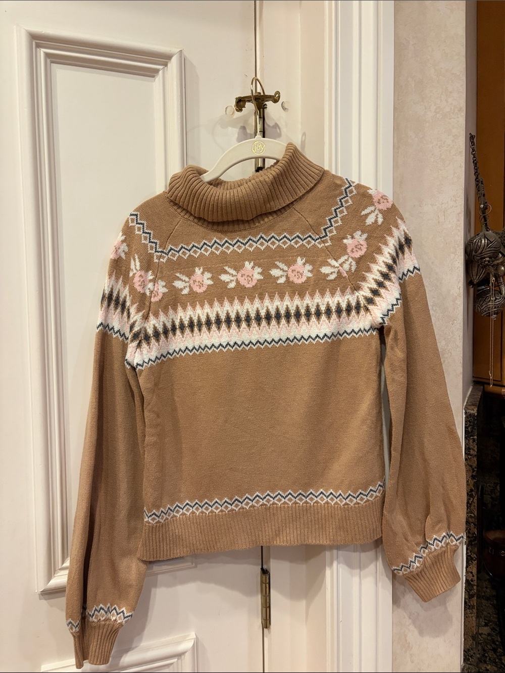 Janie and Jack Camel Turtleneck Sweater with Pink Floral Fair Isle